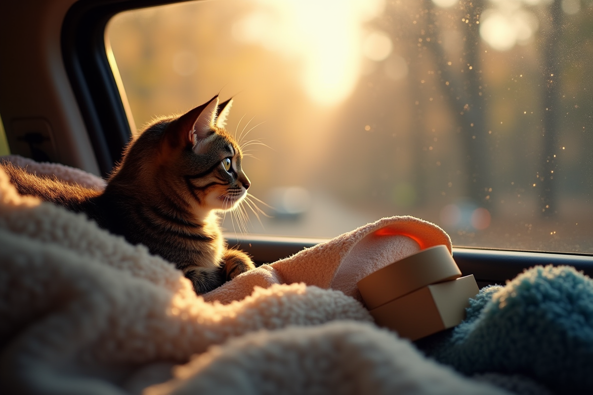 Chat tacheté regardant par la fenêtre du véhicule de déménagement