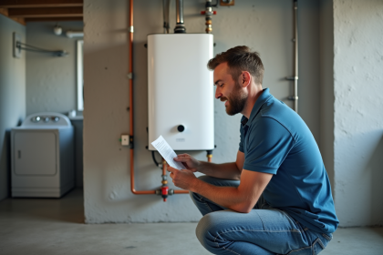 Homme d'âge moyen lisant un manuel près d'un chauffe-eau moderne