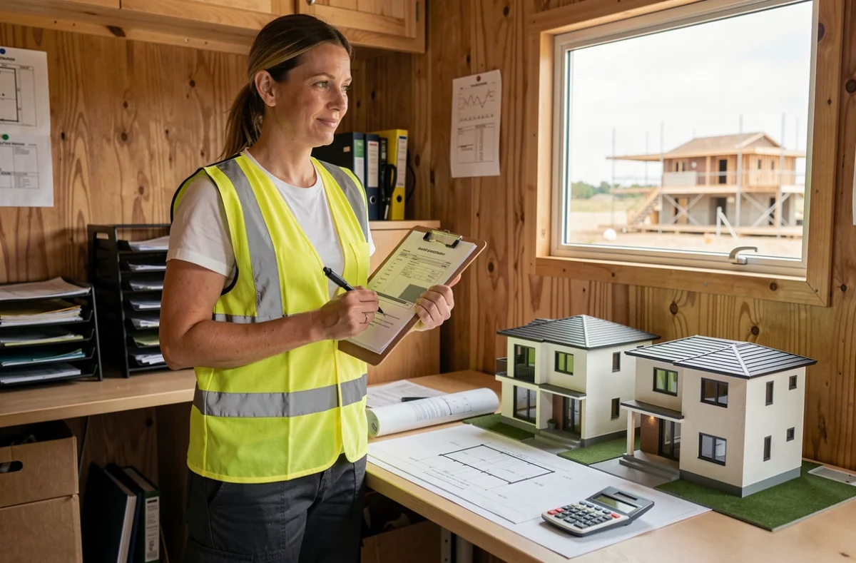 Cheffe de projet évaluant le coût de construction d'une maison plain-pied versus une maison à étage avec des maquettes architecturales