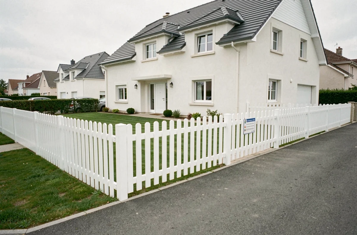Vue large d'une clôture en PVC blanc avec panneau d'affichage réglementaire en lotissement pavillonnaire français