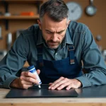 Homme appliquant de la colle industrielle sur une pièce plastique rigide contre une plaque en métal dans un atelier de bricolage