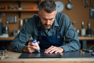 Homme appliquant de la colle industrielle sur une pièce plastique rigide contre une plaque en métal dans un atelier de bricolage