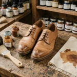 Chaussures en cuir oxford usées posées sur un établi artisanal entourées de pots de teinture pour cuir et d'une brosse, guide coloration cuir débutant