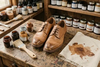 Chaussures en cuir oxford usées posées sur un établi artisanal entourées de pots de teinture pour cuir et d'une brosse, guide coloration cuir débutant