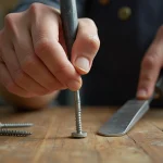 Mains d'un homme tenant un tournevis pour dévisser une vis dans le sens antihoraire sur un établi en bois