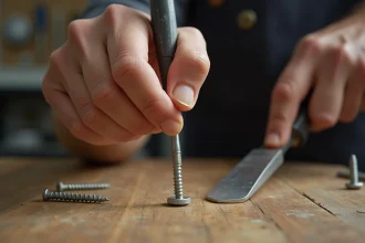 Mains d'un homme tenant un tournevis pour dévisser une vis dans le sens antihoraire sur un établi en bois