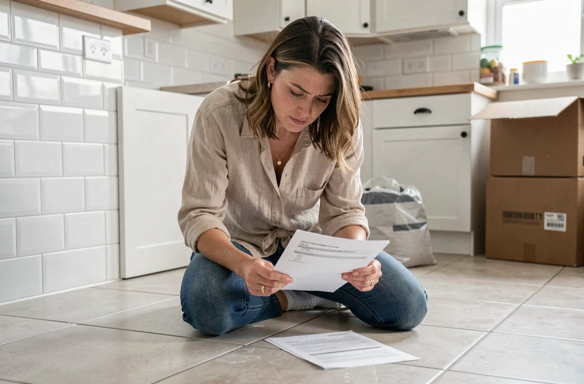 Propriétaire comparant deux devis de carrelage au sol d'une cuisine en cours de rénovation