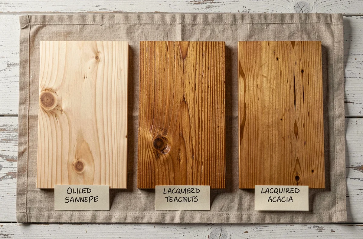 Comparaison de finitions bois pour table bar : pin brut, teck huilé et acacia laqué en vue de dessus
