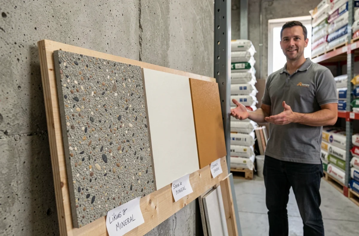 Comparaison de trois finitions de ravalement de façade sur un panneau d'échantillons dans un showroom de matériaux de construction
