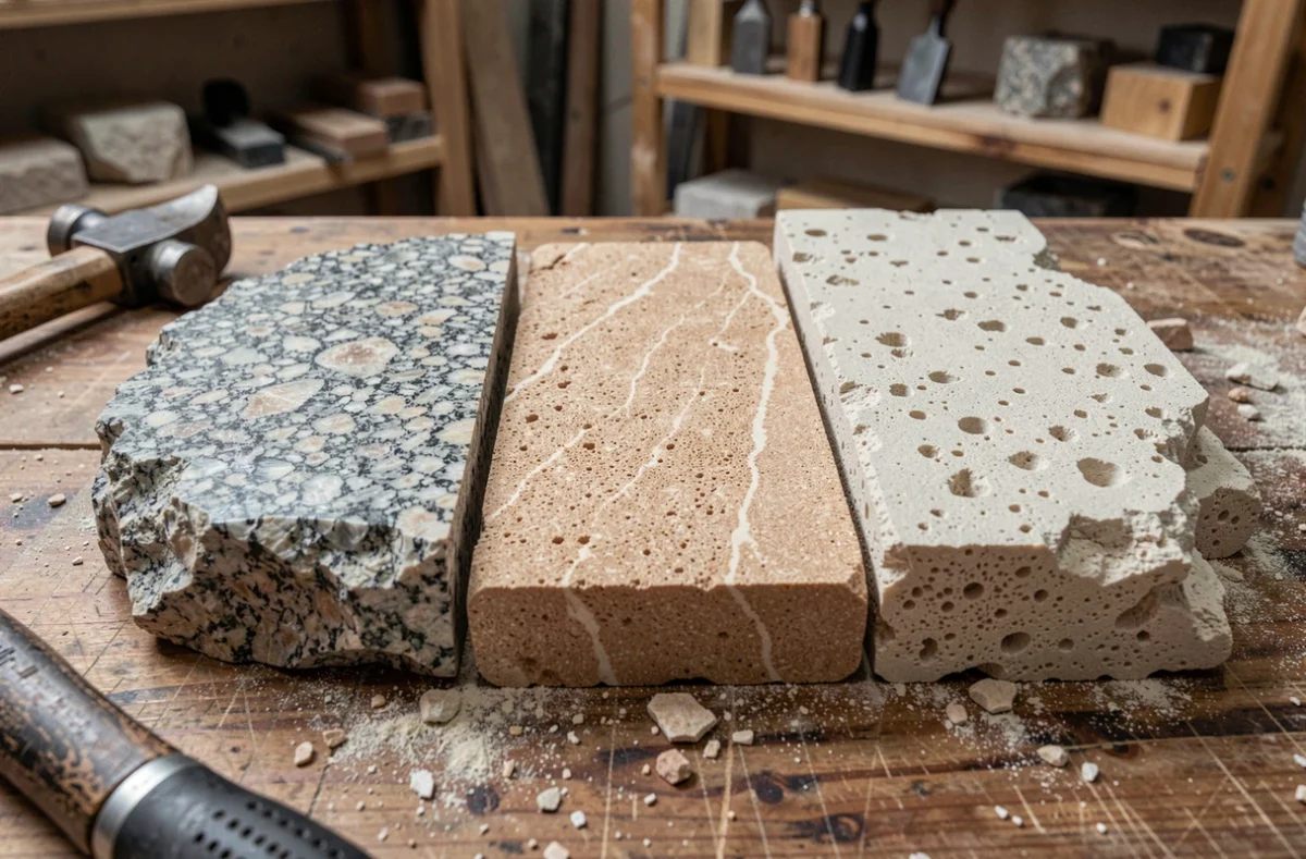 Comparaison de trois moellons de pierre différents — granite, grès et calcaire — sur un établi d'atelier de tailleur de pierre pour évaluer leur qualité respective