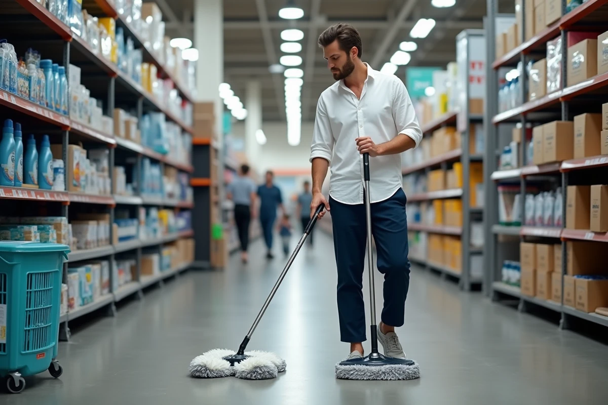 Homme comparant deux serpillières essoreuses grande capacité dans le rayon d'un magasin de bricolage