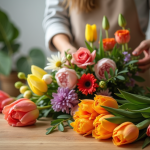 Personne arrangeant un bouquet de tulipes et tansy sur une table en bois