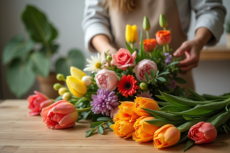 Personne arrangeant un bouquet de tulipes et tansy sur une table en bois