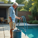 Homme connectant un récupérateur d'eau à une piscine extérieure