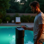 Homme vérifiant la pompe de piscine la nuit