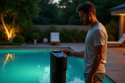 Homme vérifiant la pompe de piscine la nuit