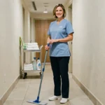 Femme de ménage professionnelle portant un costume de travail bleu confortable dans un couloir d'hôtel