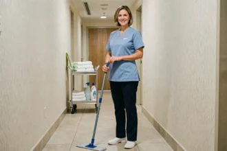Femme de ménage professionnelle portant un costume de travail bleu confortable dans un couloir d'hôtel
