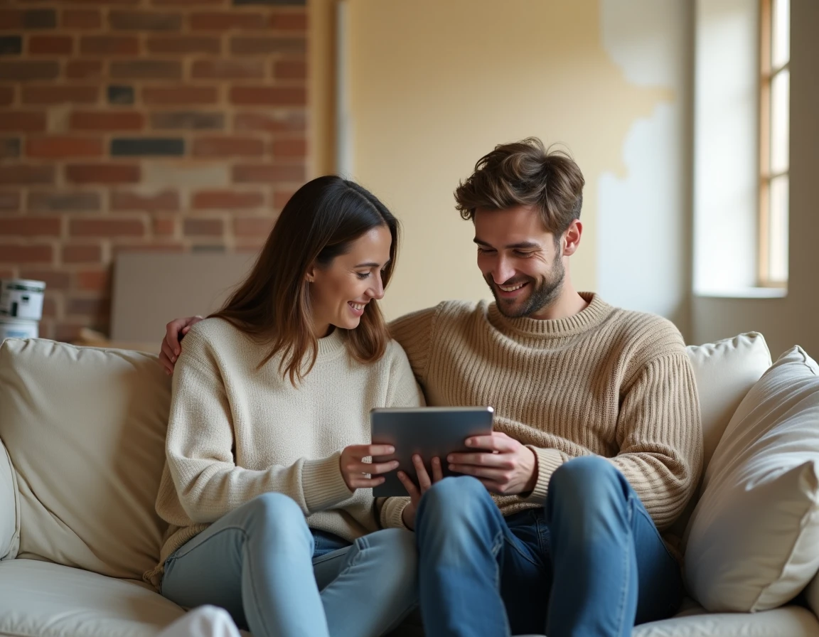 Couple utilisant une application budget rénovation sur tablette dans un salon en travaux avec mur avant-après