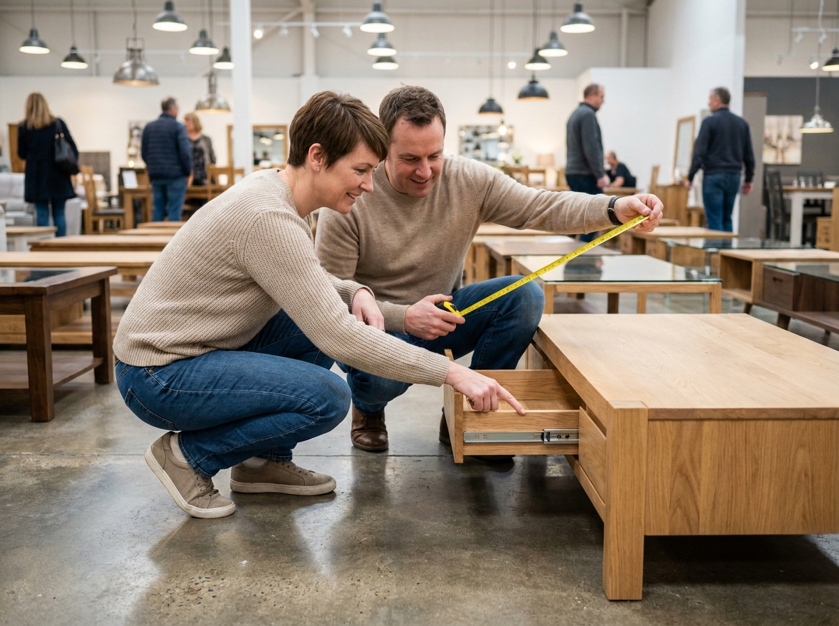 Couple examinant les détails de rangement d'une table basse dans un magasin de meubles