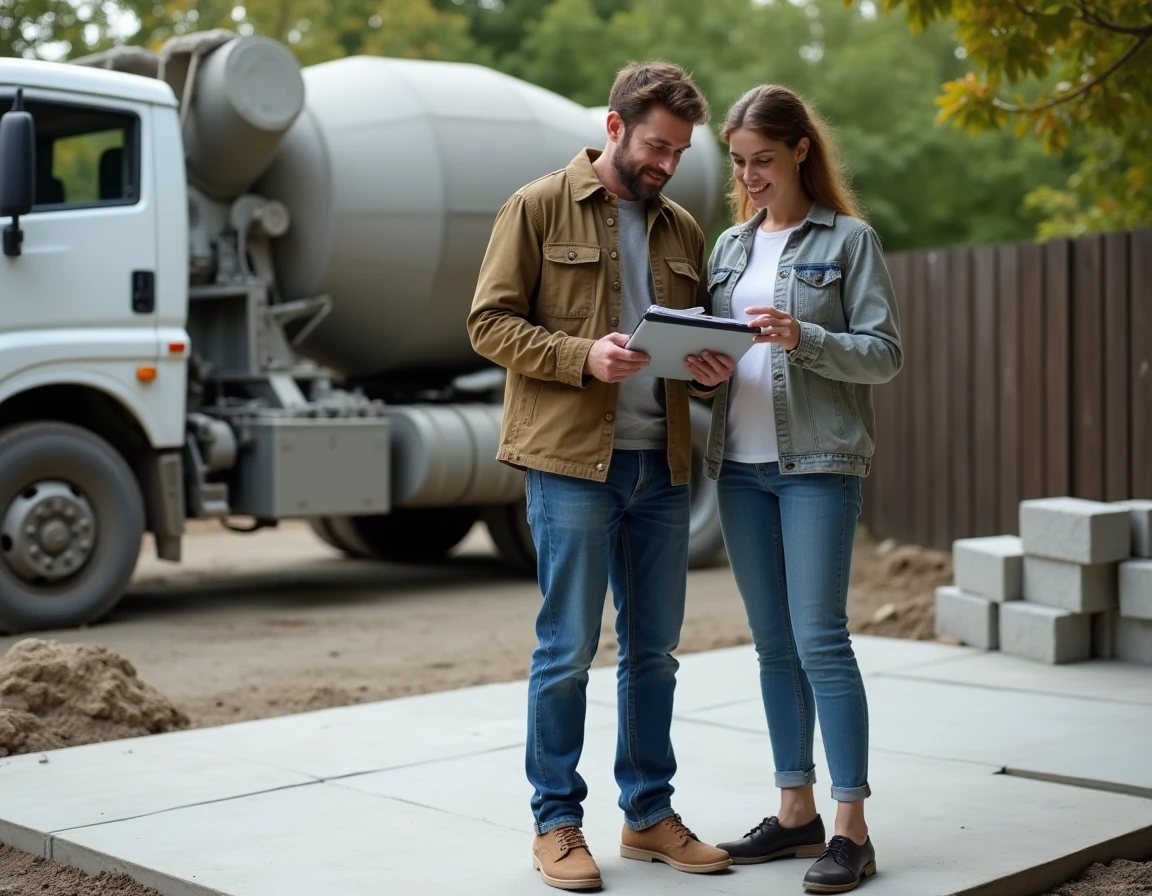 Couple consultant un devis béton sur tablette lors d'un chantier de terrasse à la maison