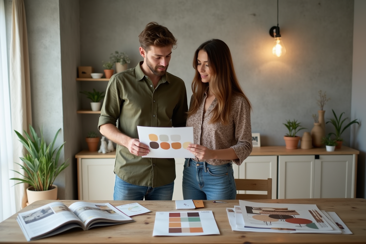 Jeune couple discutant d un nuancier de peinture dans un appartement