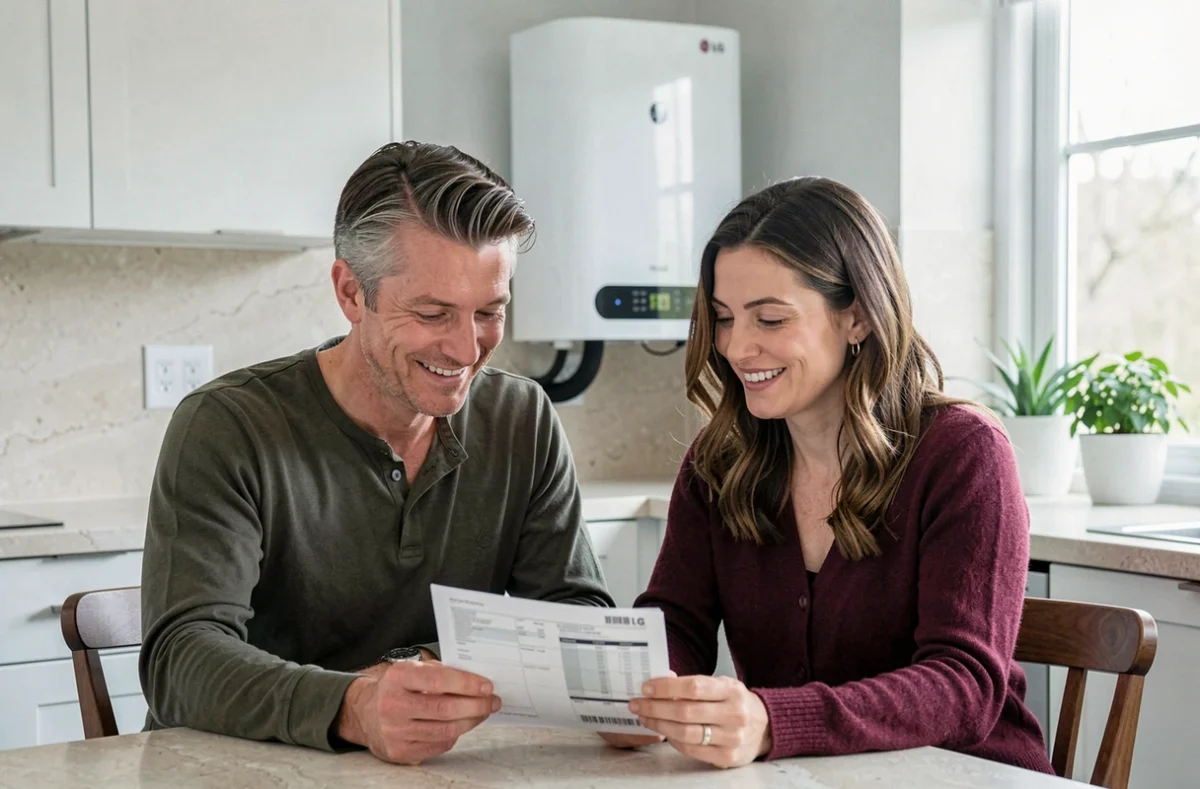 Couple examinant leur facture d'énergie à la maison avec une pompe à chaleur LG visible en arrière-plan dans la cuisine