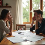 Couple frustré à la maison avec documents immobiliers