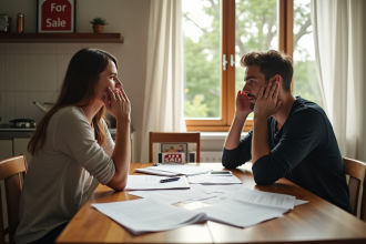 Couple frustré à la maison avec documents immobiliers