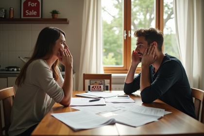 Couple frustré à la maison avec documents immobiliers