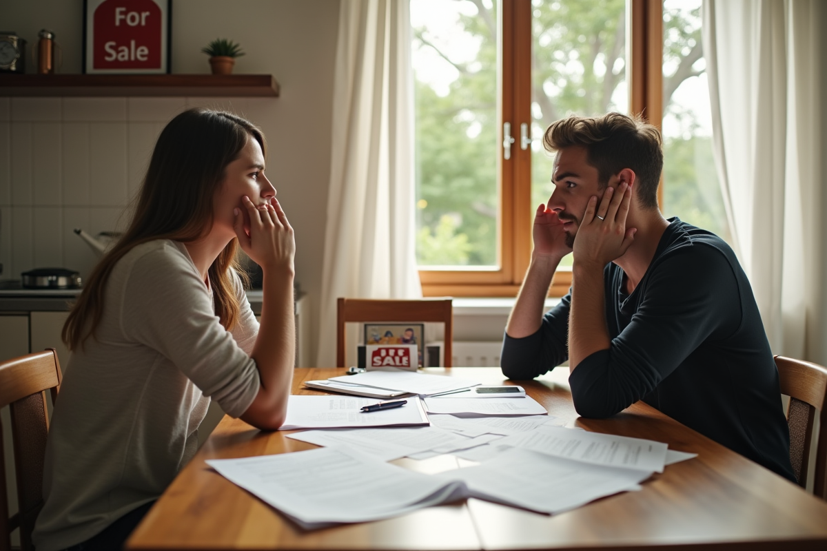 Couple frustré à la maison avec documents immobiliers