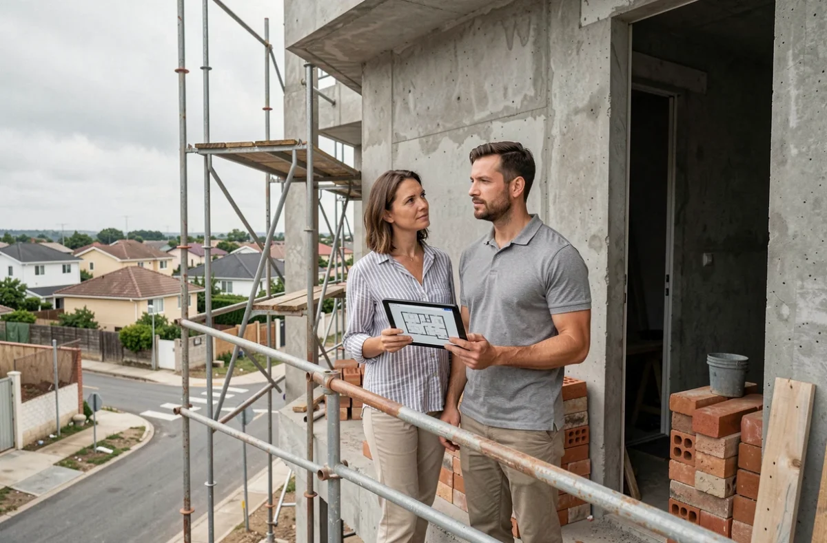 Couple de futurs propriétaires sur le balcon d'une maison à étage en cours de construction, consultant un plan sur tablette