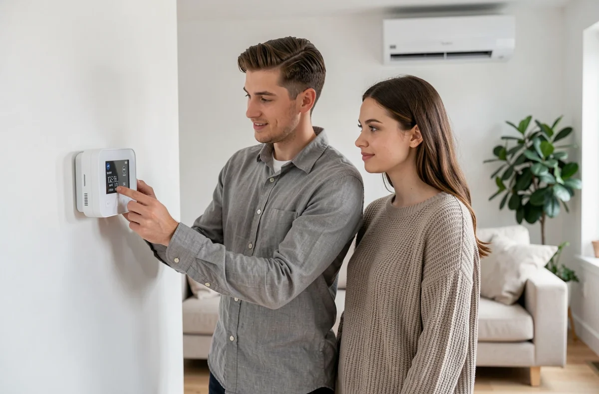 Couple réglant le thermostat connecté de leur pompe à chaleur dans un salon moderne et minimaliste
