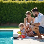 Jeune couple vérifiant un alarme de piscine dans leur jardin