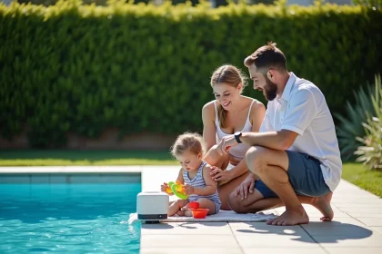 Jeune couple vérifiant un alarme de piscine dans leur jardin