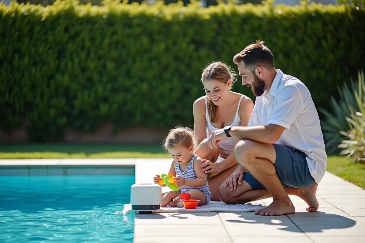 Jeune couple vérifiant un alarme de piscine dans leur jardin