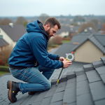 Ouvrier couvreur sur le toit avec niveau inclinometre