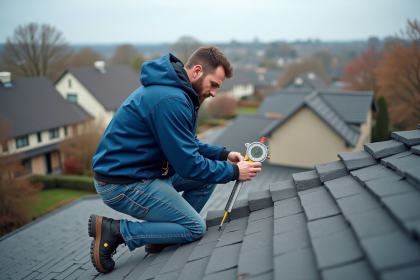 Ouvrier couvreur sur le toit avec niveau inclinometre