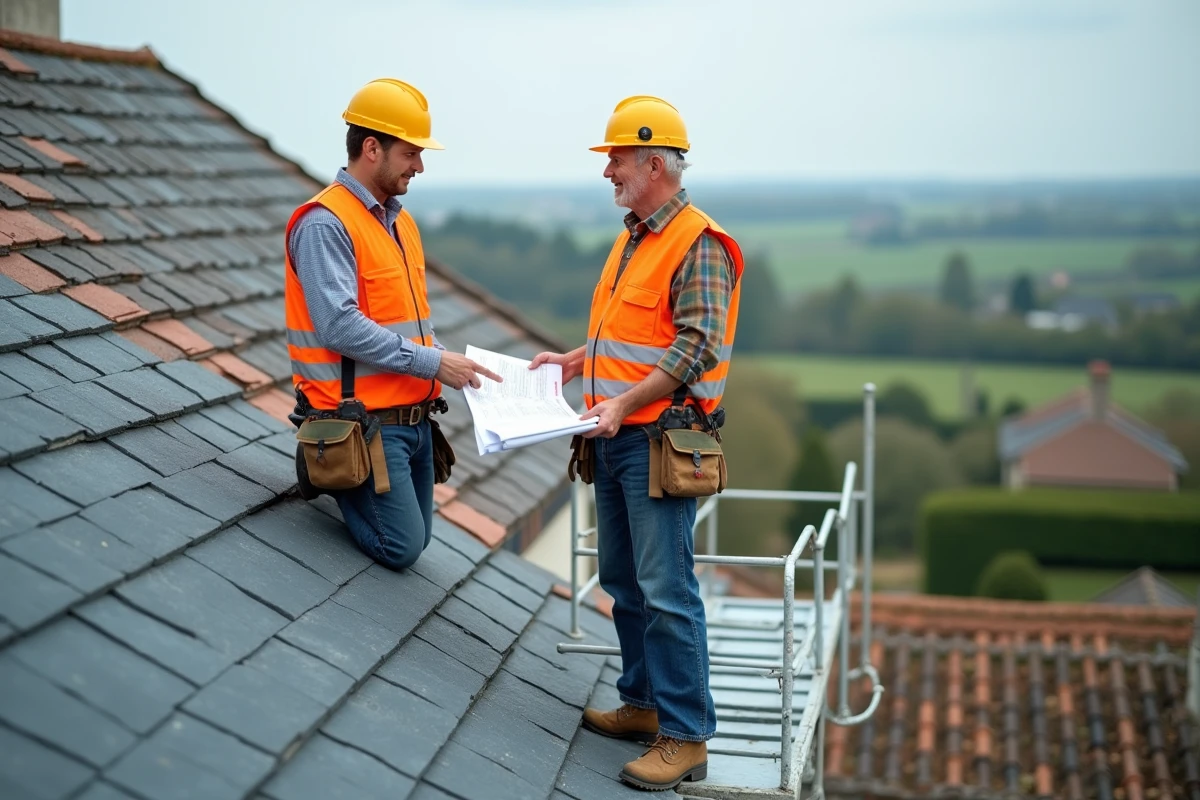 Deux couvreurs discutant sur un toit en cours de rénovation avec tuiles neuves et anciennes visibles