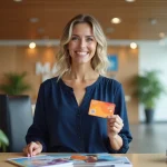 Employée du CSE Maisons du Monde tenant des cartes cadeaux et brochures de loisirs au bureau d'accueil