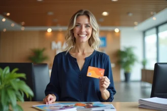 Employée du CSE Maisons du Monde tenant des cartes cadeaux et brochures de loisirs au bureau d'accueil