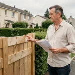 Propriétaire tenant une déclaration de travaux devant une clôture en bois dans un lotissement résidentiel