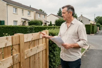 Propriétaire tenant une déclaration de travaux devant une clôture en bois dans un lotissement résidentiel