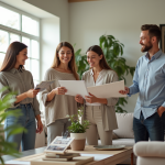 Décoratrice souriante discutant tissus dans un salon lumineux
