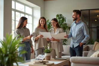 Décoratrice souriante discutant tissus dans un salon lumineux