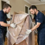 Deux déménageurs professionnels emballant une armoire en bois avec du papier bulle lors d'un transport particulier de meubles