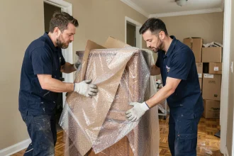 Deux déménageurs professionnels emballant une armoire en bois avec du papier bulle lors d'un transport particulier de meubles