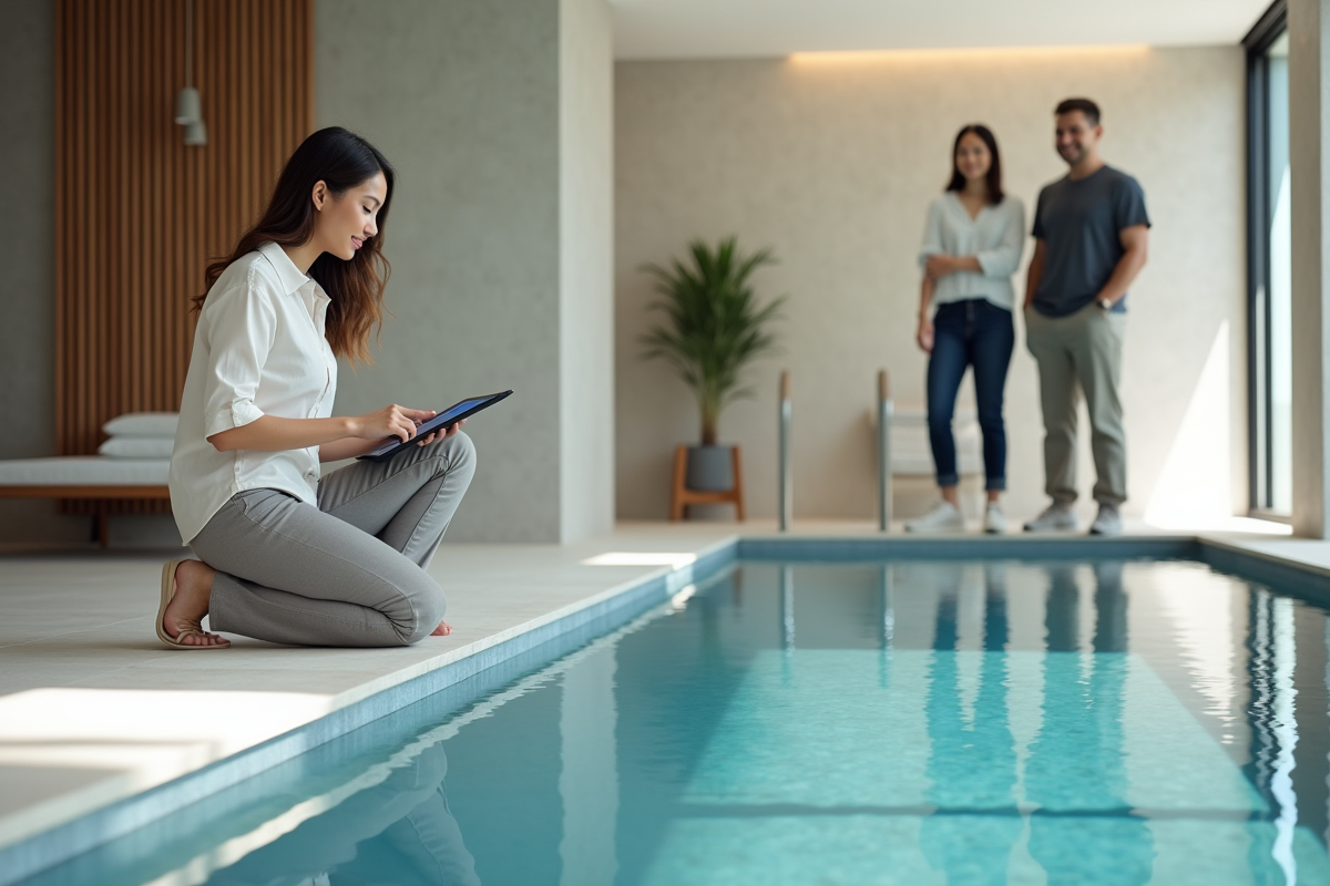 Jeune designer de piscine montrant des schémas de couleurs à un couple