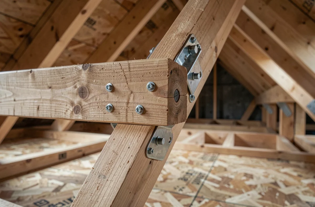 Détail du cadre de chevêtre en bois fixé entre deux fermettes industrielles pour l'ouverture d'un Velux 78x98