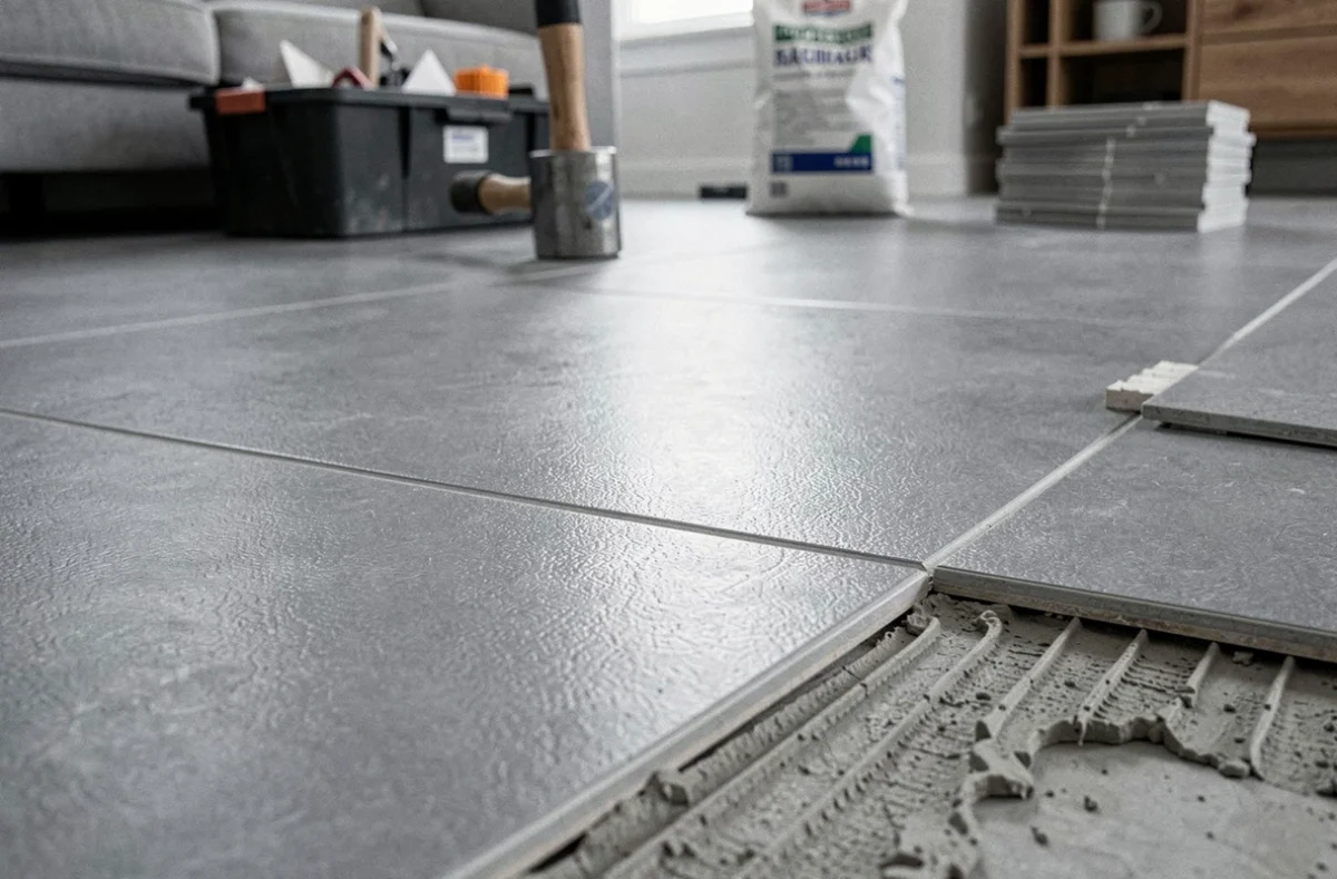Gros plan sur des carreaux de grès cérame posés au sol avec joints réguliers et outils de carreleur en arrière-plan